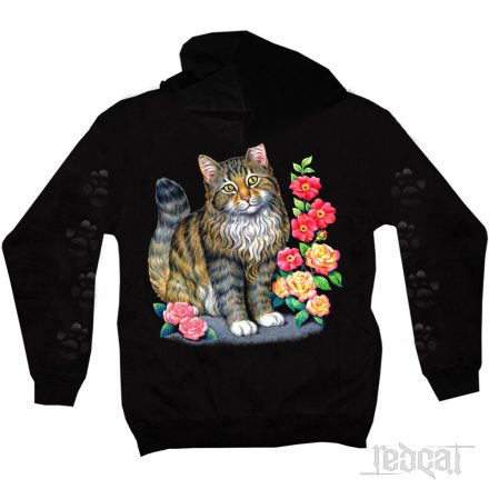 Macska virágokkal kapucnis pulóver