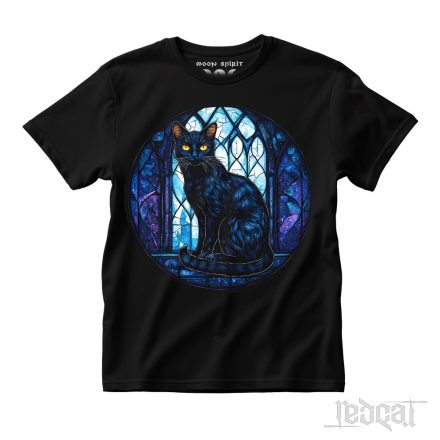 Sacred Whiskers stained glass - macska mintás fantasy póló